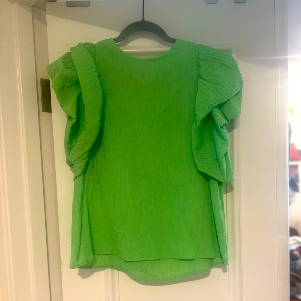 THML Green Puff Sleeve Ruffled Top